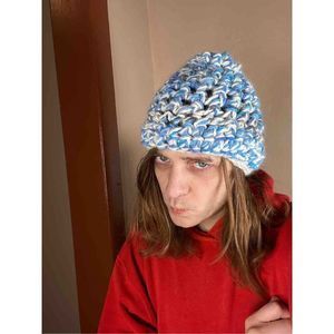beanie crochet fashion Y2K blue white winter hat ocean blue white